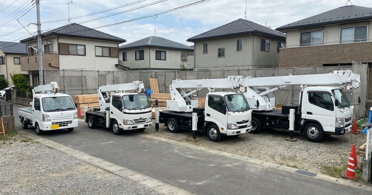 小型トラッククレーン4台のサイズ差を並列で示し2t・3t・4t・4.9tの違いを直感的に把握できる写真