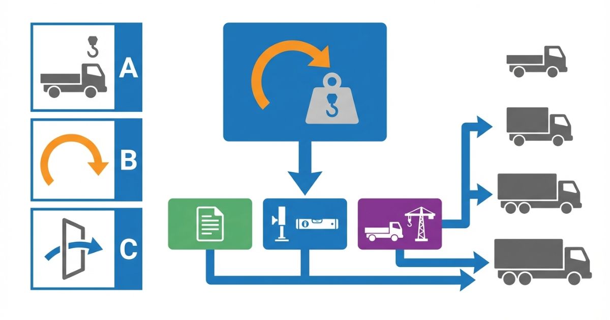 作業半径×吊り荷で候補を絞り設置と法規・運用と代替で確定する判断軸を整理した図解