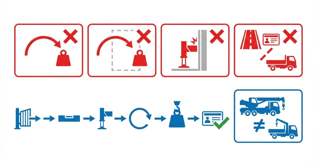 届かない・吊れない・設置できない・運用不一致など小型トラッククレーン選定の失敗パターンを示す図解