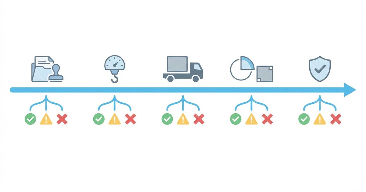 法的区分から安全配慮までの確認順を示す文字なし図解