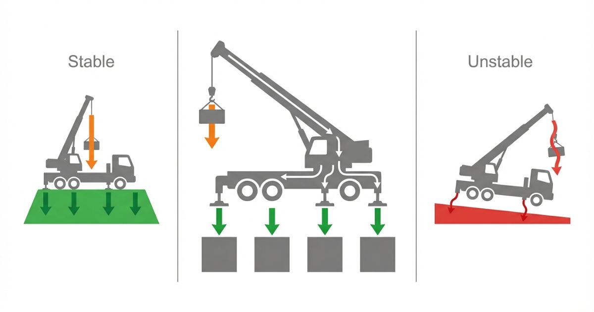  ジブで吊りアウトリガーで支えるという安全判断軸を示す図解