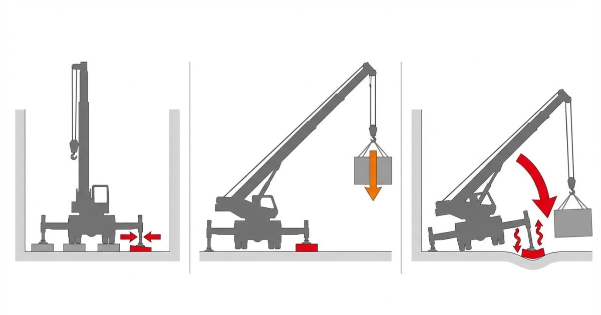 アウトリガー条件不足のまま届く計画で作業して危険になる流れの図解