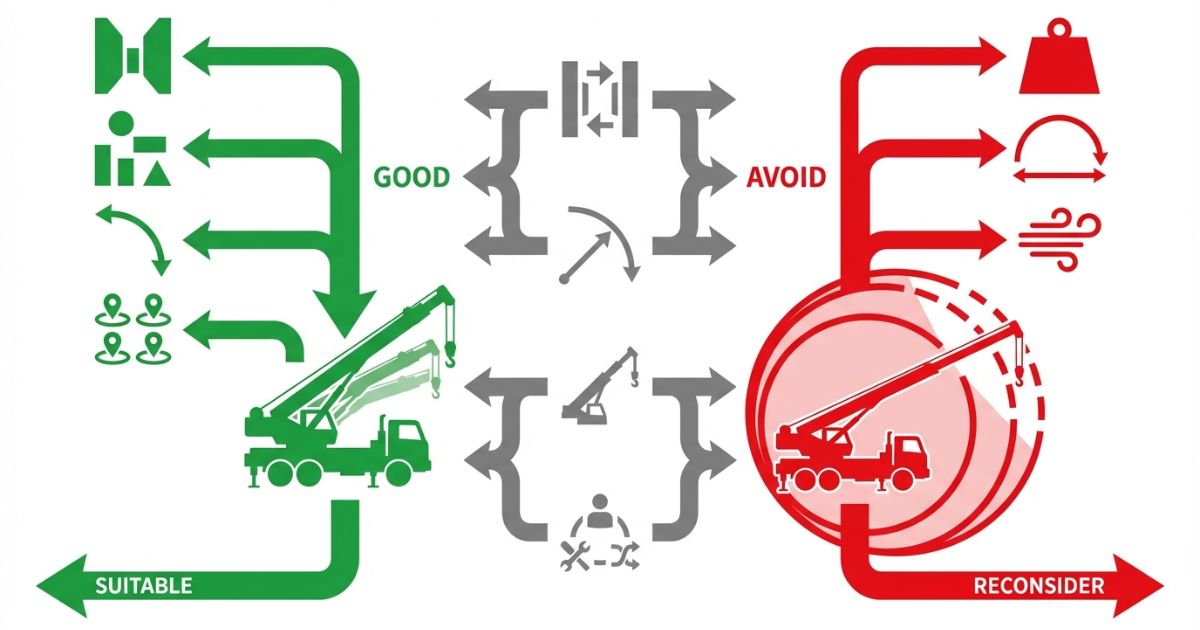 油圧伸縮ジブ型が向く現場条件と判断軸を整理した文字なし図解