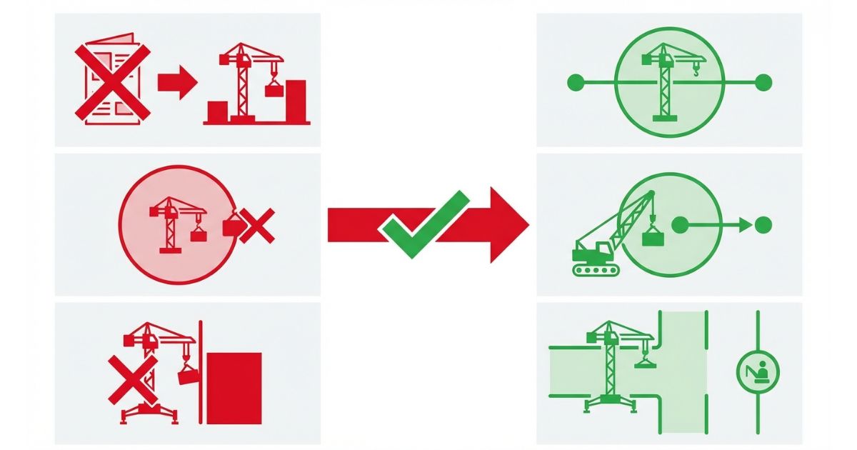  最大吊りの思い込みや半径読み違いの失敗例と回避策を対比した文字なし図解