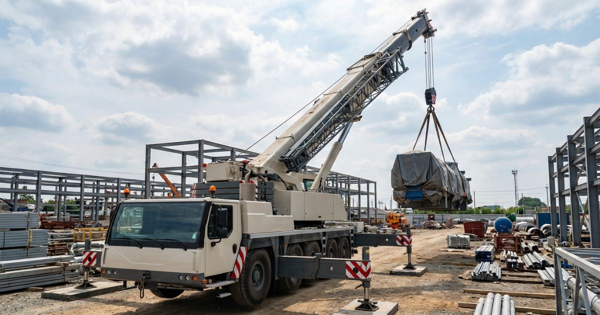 ッククレーンがアウトリガーを展開して重量物を吊る現場イメージ（写真）