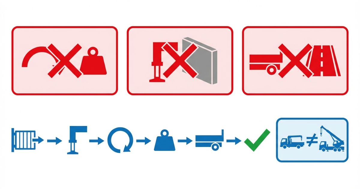 作業半径不足・アウトリガー展開不可・運搬要件未整理など選定ミスの典型を示す図解