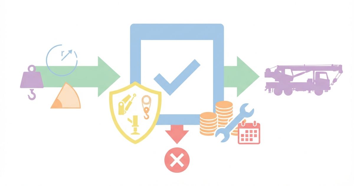  中古トラッククレーン購入の判断軸（用途→安全→総コスト）を示す文字なし図解