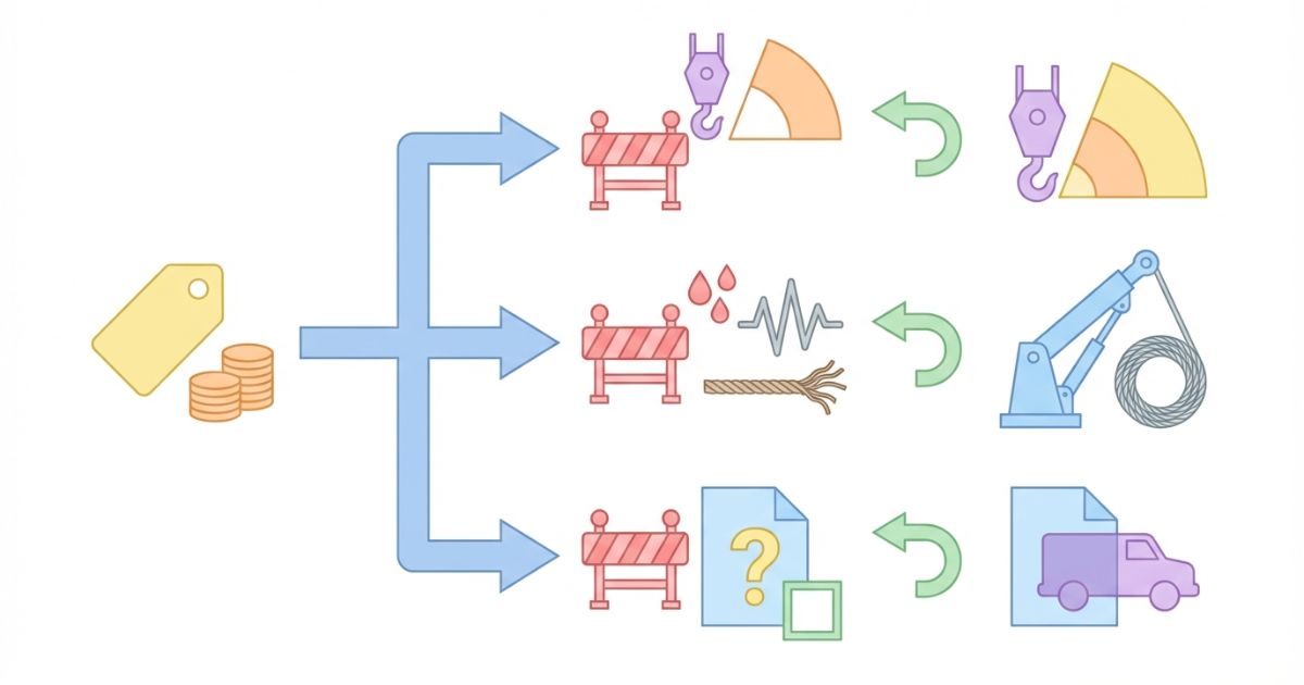  中古トラッククレーンで起きる失敗パターンと回避策を示す文字なし図解