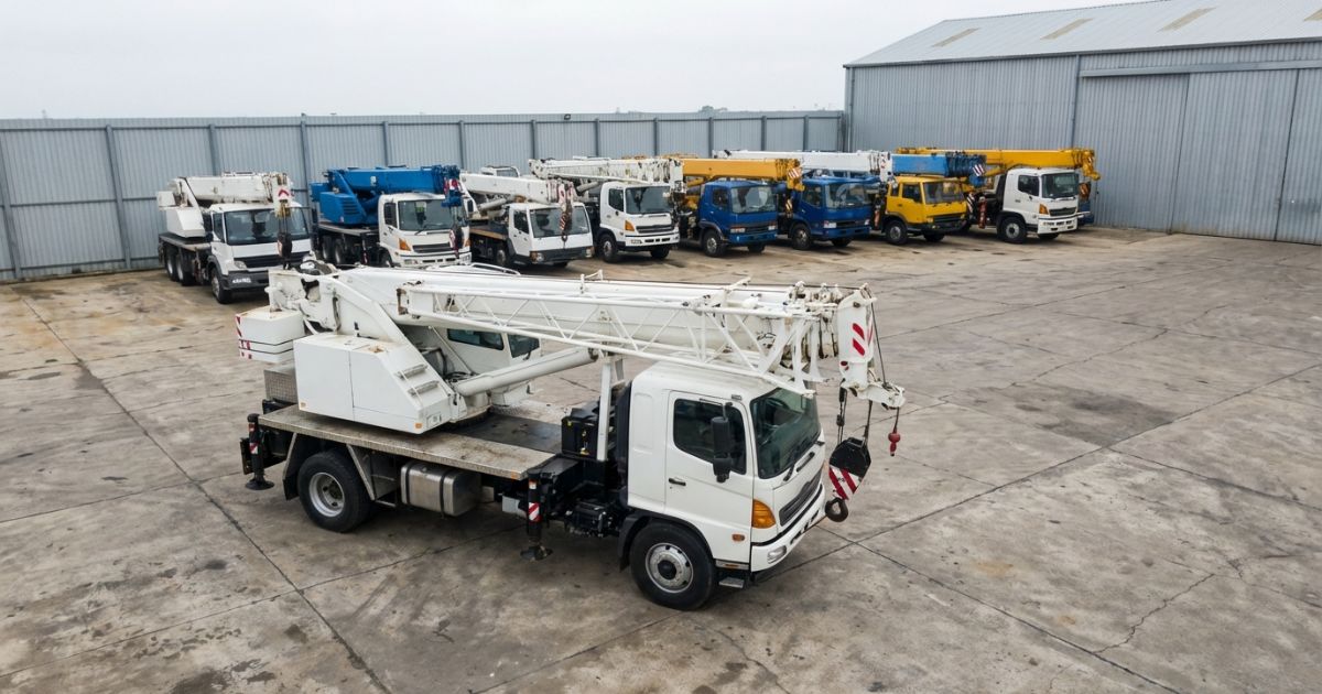 中古車展示場に並ぶトラッククレーンの写真（相場比較と選定の雰囲気が伝わる）