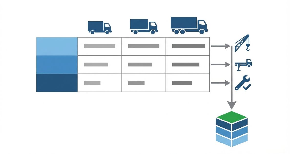 年式とトン数の相場レンジを土台に性能と整備条件と総額で判断する流れを示す文字なし図解