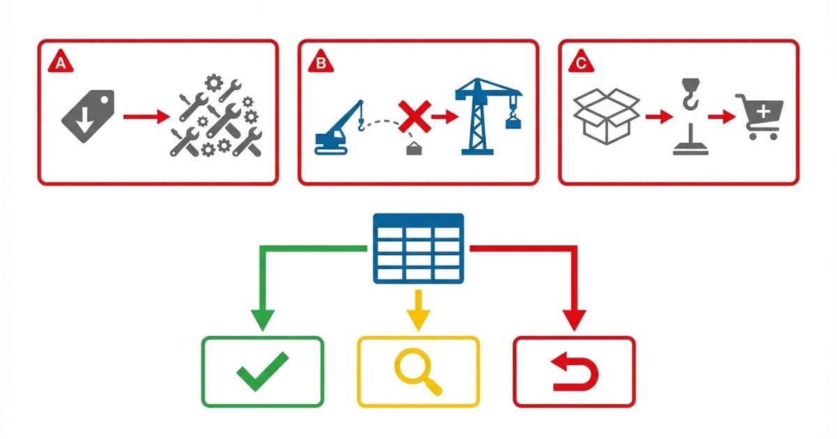 安い車が整備費や性能不足や装備不足で総額逆転する失敗と保留判断を示す文字なし図解