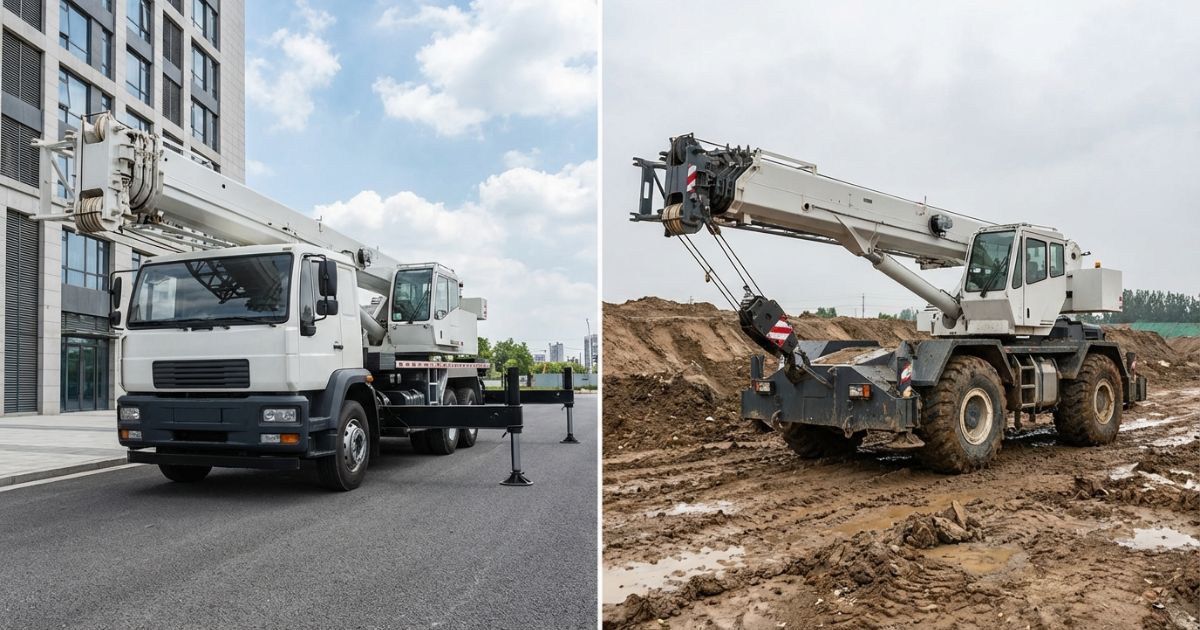 トラッククレーンとラフテレーンクレーンを舗装路と不整地の現場で対比し使い分けをイメージできる写真