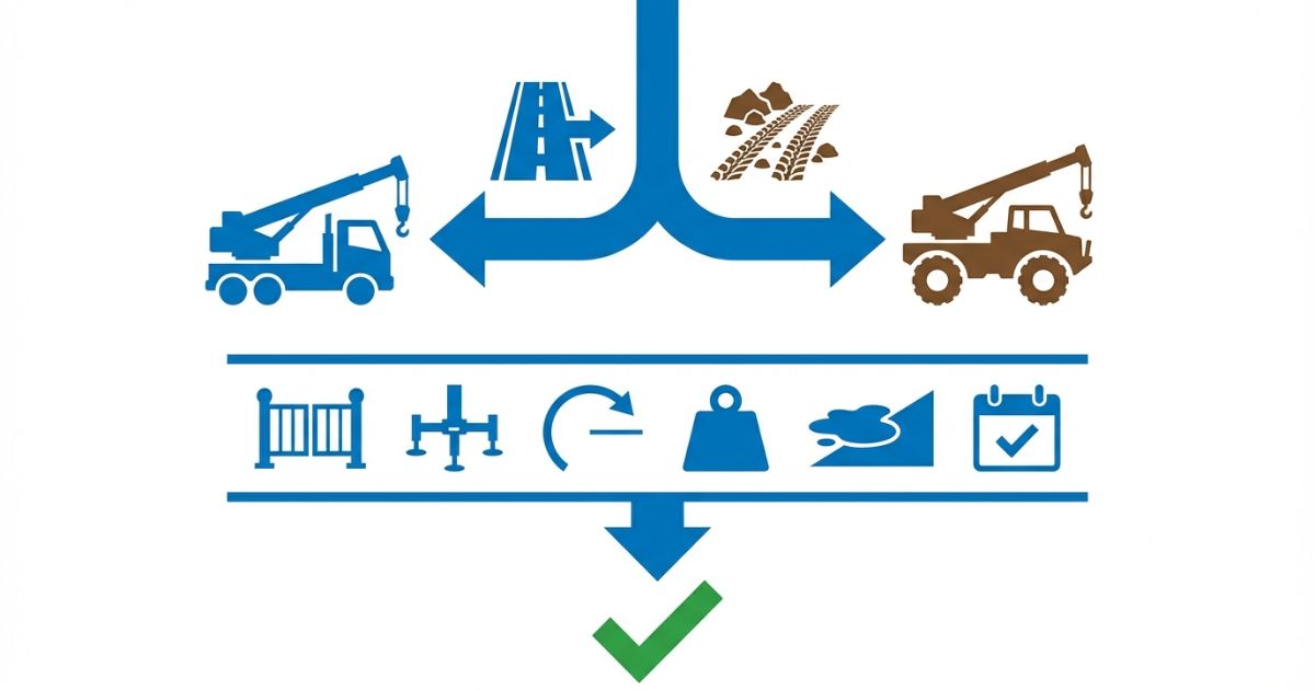公道移動か不整地対応かで分岐し進入・設置・半径・吊り荷で判断する軸を示す図解