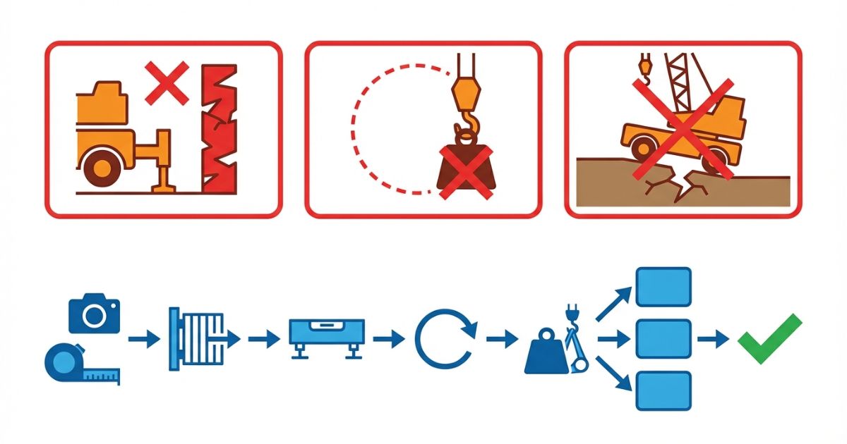  アウトリガー展開不可・作業半径不足・不整地不安定の失敗例と事前確認フローを示す図解（