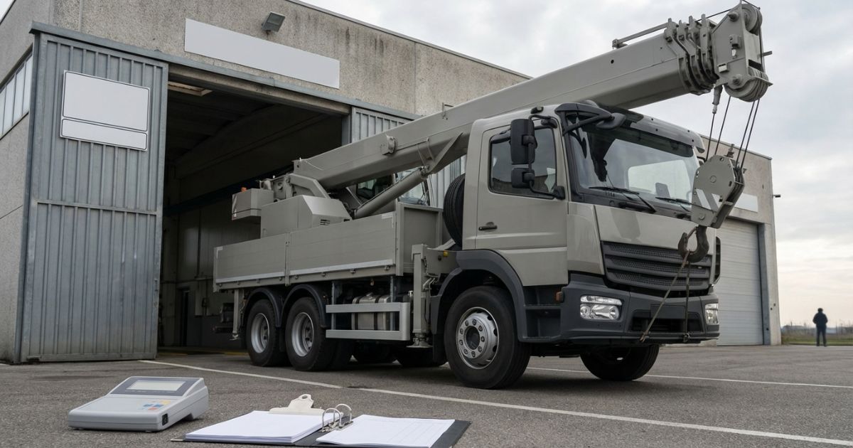 トラッククレーンを車検や搬入前に重量確認する必要性が伝わる現場イメージ