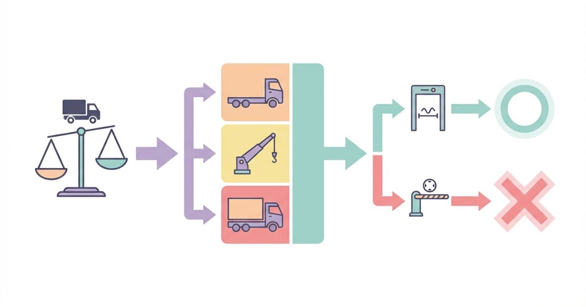 トラッククレーン重量を総重量から内訳と制限条件へ当てて判断する流れの図解