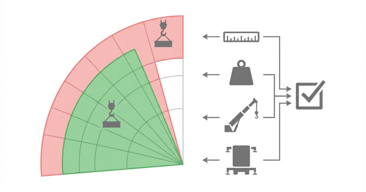 作業範囲図の条件と現場条件を一致させて判断する考え方の文字なし図解