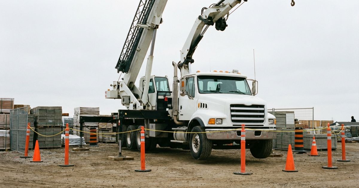 現場で作業範囲を確認しながら段取りするトラッククレーンのイメージ