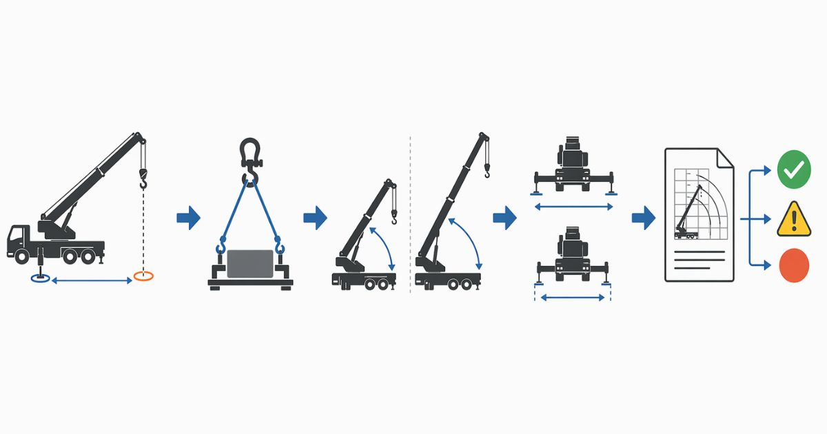トラッククレーンの作業範囲図を現場条件に照らして確認する手順の図解