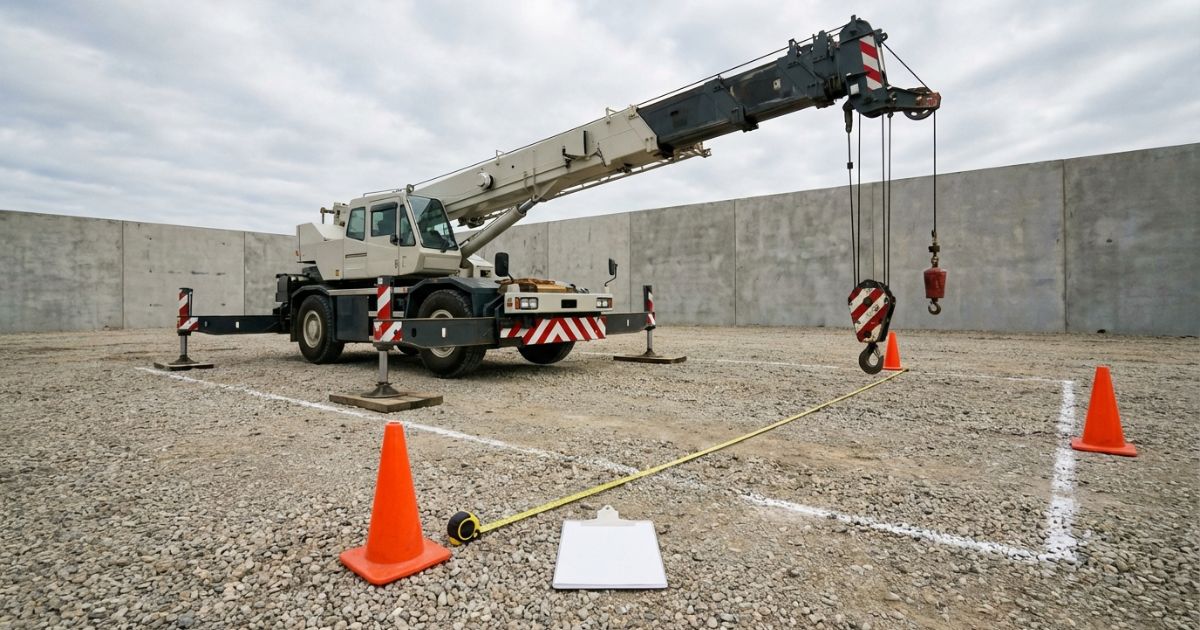 トラッククレーンの作業半径と作業範囲を現場で確認している様子を伝える写真