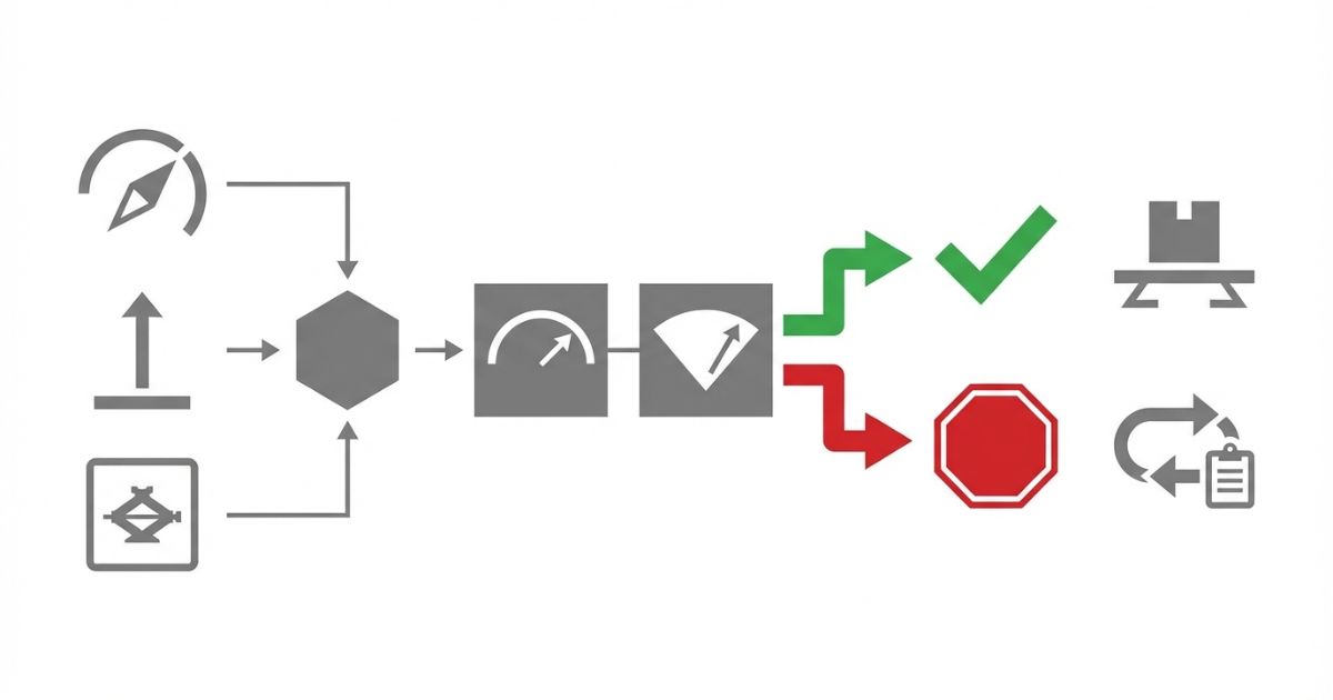 作業半径と作業範囲を現場条件と照合して可否判断する考え方を示す文字なし図解
