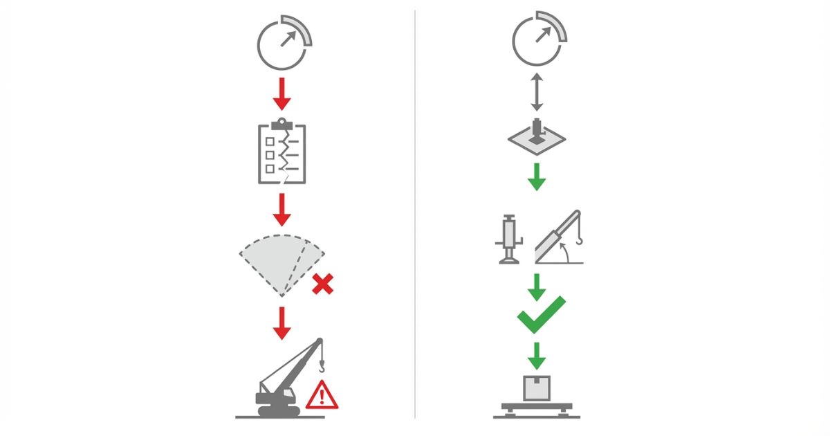 半径や最大値だけで判断する失敗と条件固定で安全側判断する分岐を示す文字なし図解