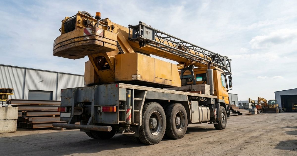 10tクラスのクレーン付きトラックが大型現場の資材ヤードに停車している写真（サイズ感と存在感）