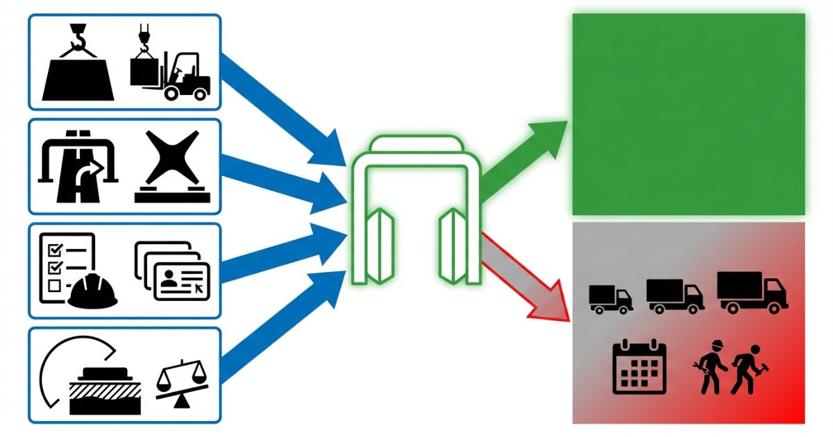 10t導入は性能だけで決めず導入前4条件（仕事・現場・資格法規・作業条件）で判断することを示す文字なし図解