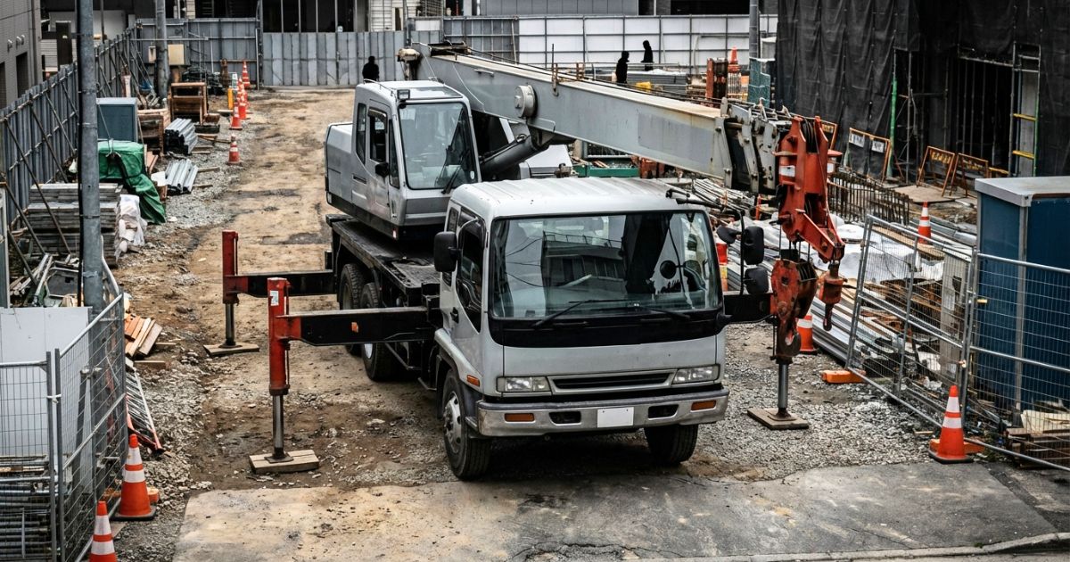 作業準備中のクレーン付きトラックの現場写真（事故防止の事前確認イメージ）