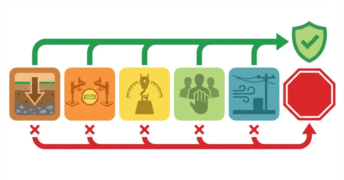 地盤→アウトリガ→能力→体制→環境→中止条件の順で作業可否を決める文字なし図解