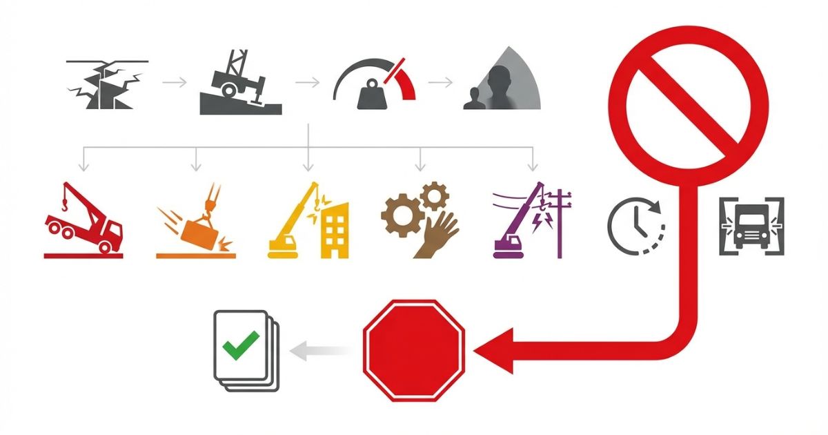 見落としの連鎖が転倒や落下などの事故につながることと回避策を示す文字なし図解