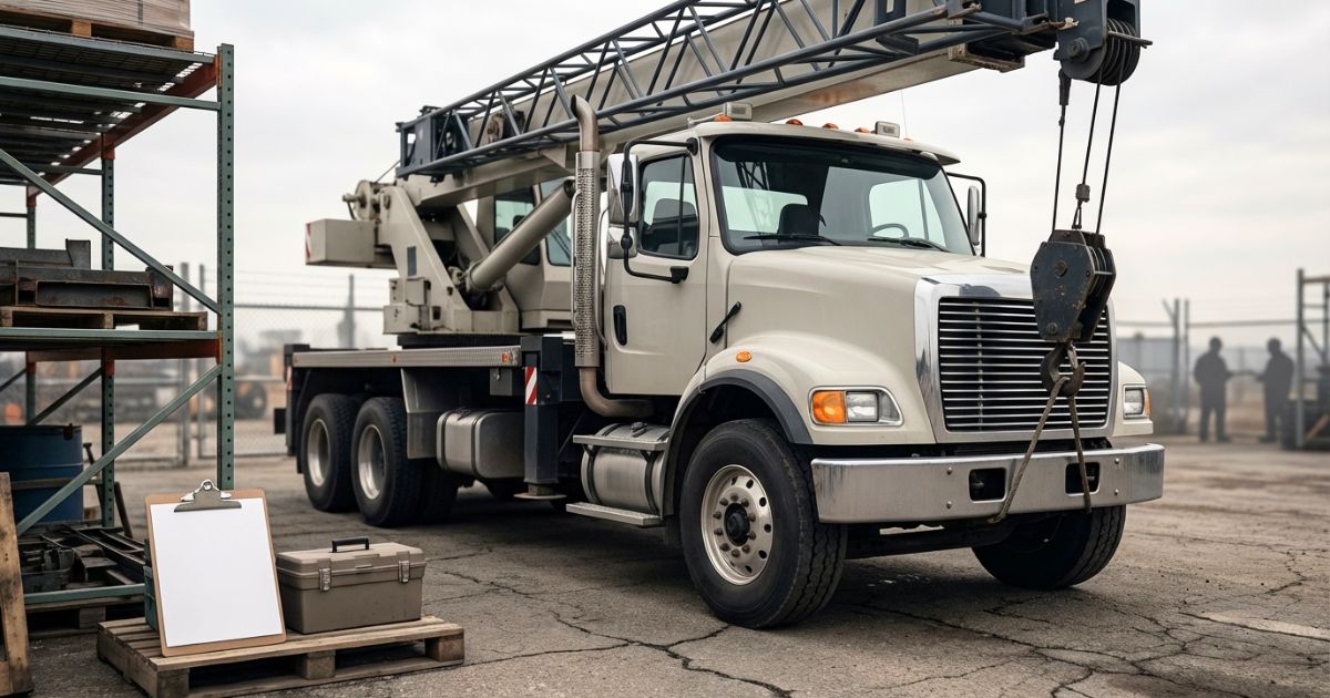 出庫前のクレーン付きトラックを写した現場写真（免許と資格の確認イメージ）