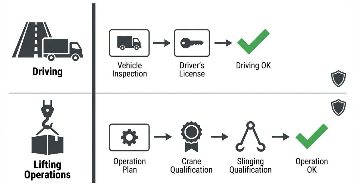 運転は免許、吊り作業は資格で判断することを示す文字なし図解