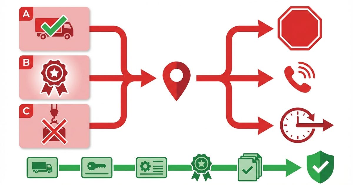 決め打ちの誤解が現場で不足発覚と手戻りにつながる流れを示す文字なし図解