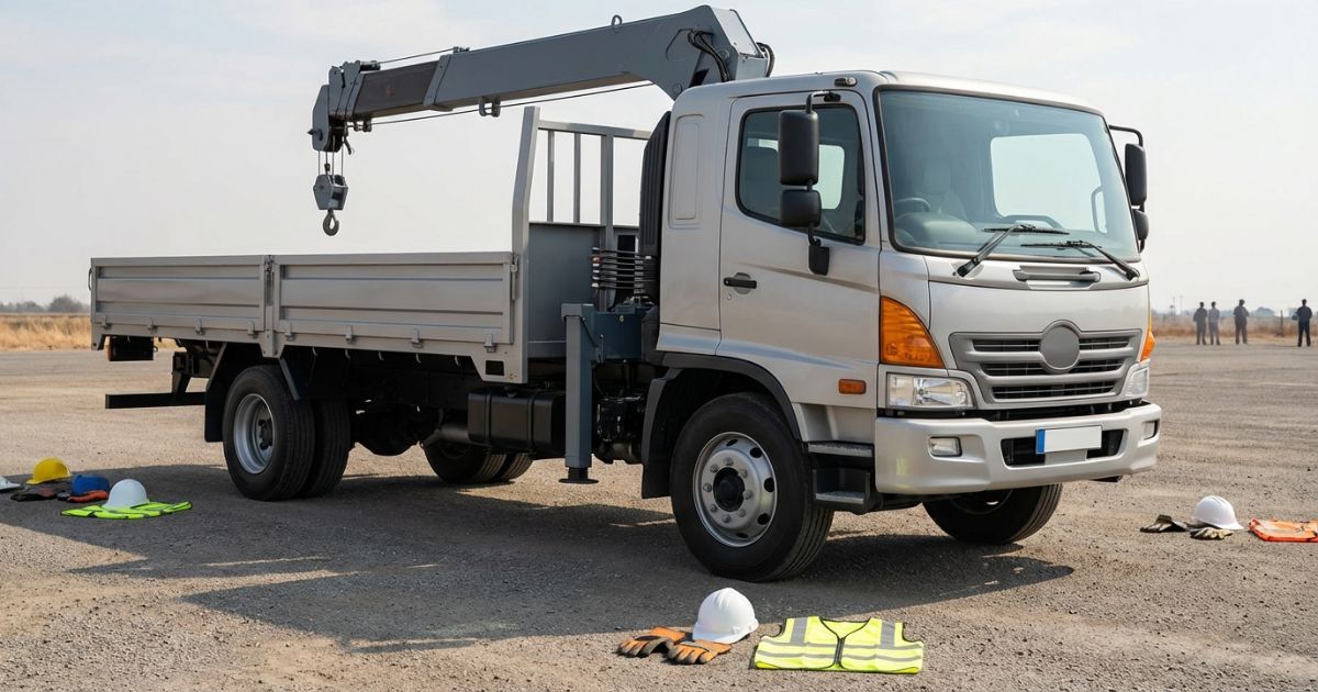 講習施設の雰囲気で停車するクレーン付きトラックの写真（資格と講習のイメージ）