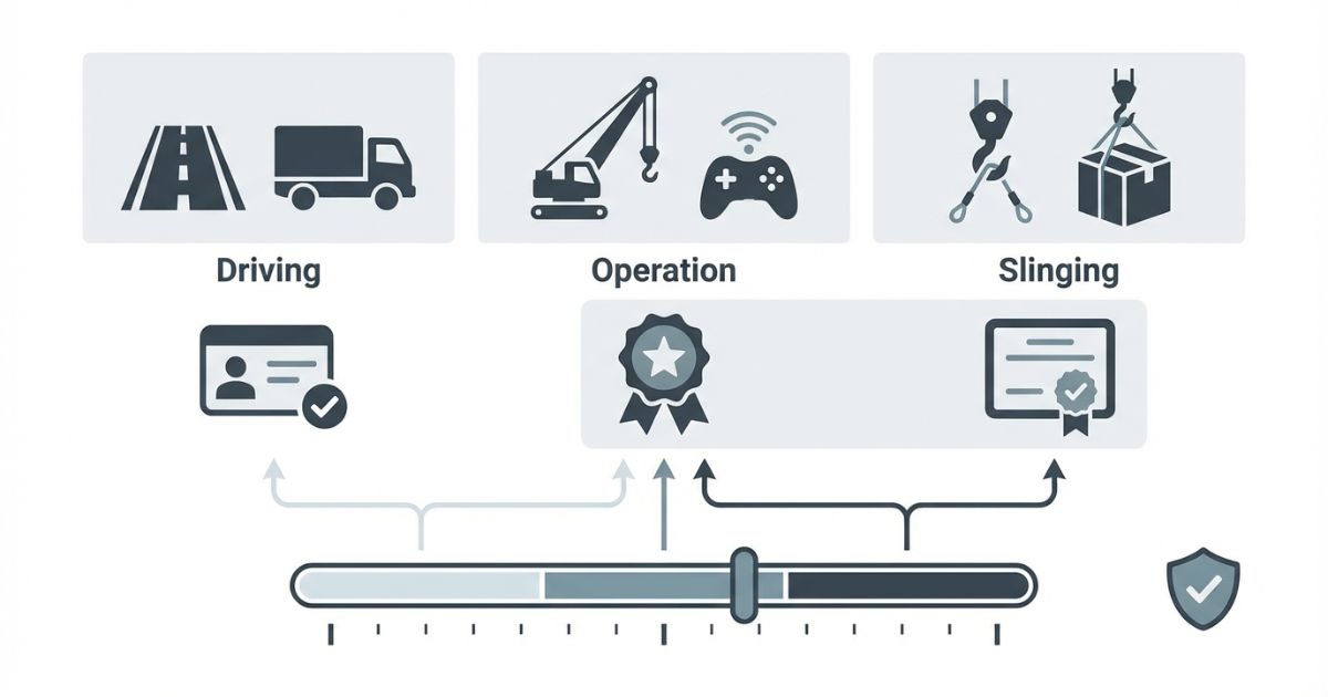 運転・操作・玉掛けを作業別に分けて必要資格を整理する文字なし図解