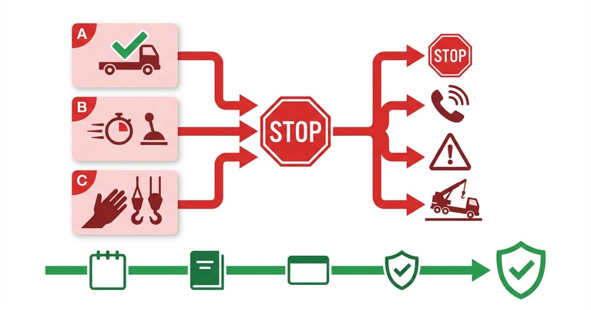 思い込みによる資格不足が作業停止や危険につながる流れと回避手順を示す文字なし図解