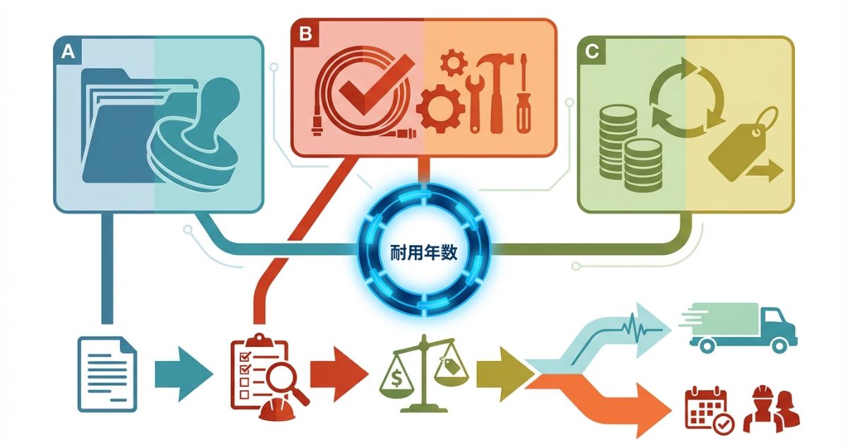 耐用年数は税務(法定)・現場(実務寿命)・経営(更新判断)の3視点と判断順で整理する文字なし図解