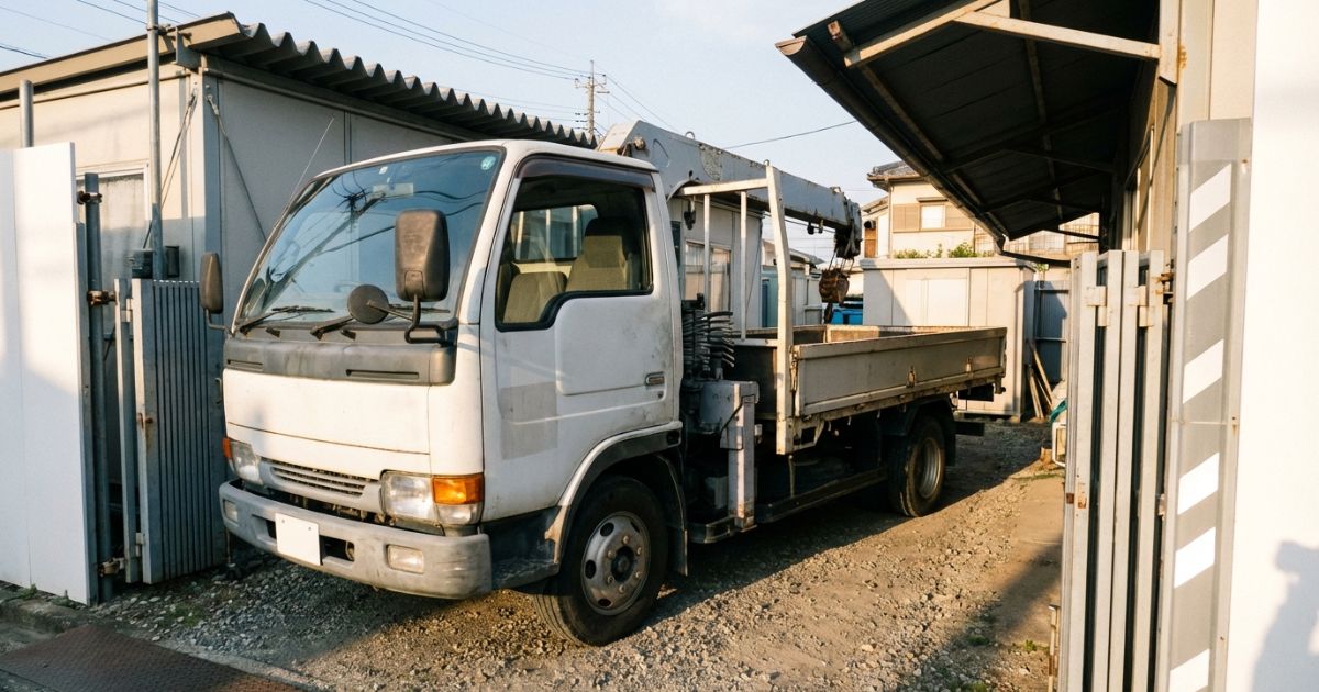 トラッククレーンの全長・全幅・全高を現場搬入口の環境でイメージできる写真