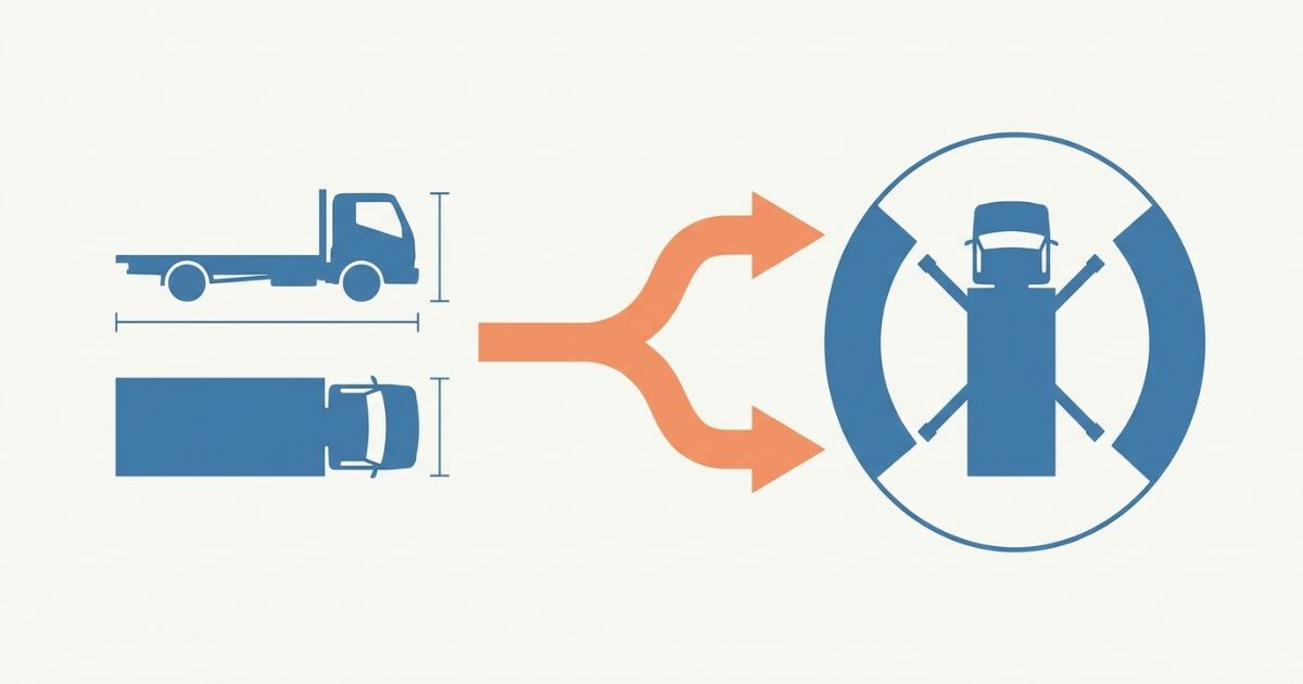  走行時寸法と作業時寸法を切り分けて判断する考え方を示す文字なし図解