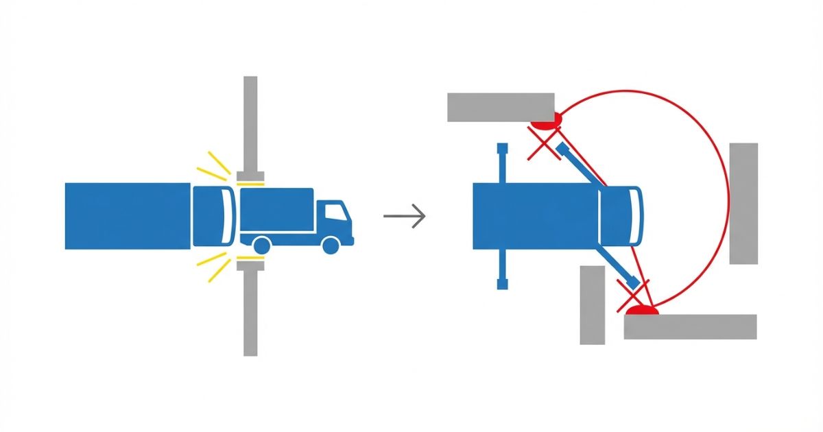  走行時は通れても作業時のアウトリガー占有で詰む失敗例を示す文字なし図解