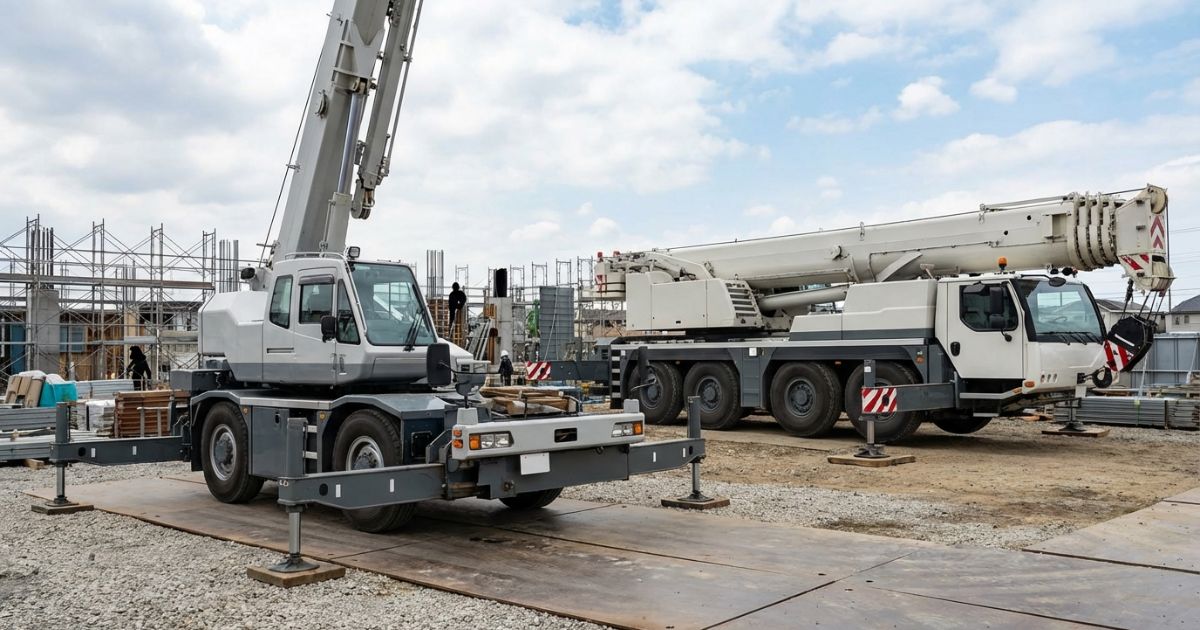 トラッククレーンとオールテレーンクレーンの車格と現場での使われ方の違いが伝わる写真