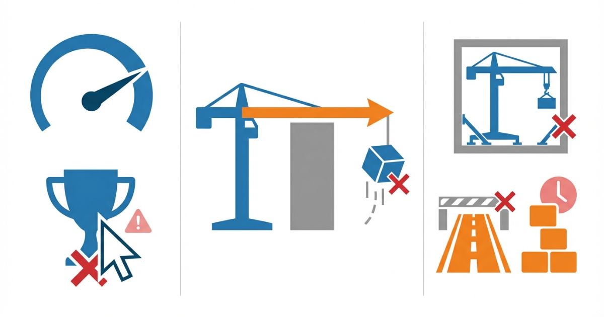 最大吊上能力だけで判断して半径や設置回送で失敗するリスクを示す文字なし図解