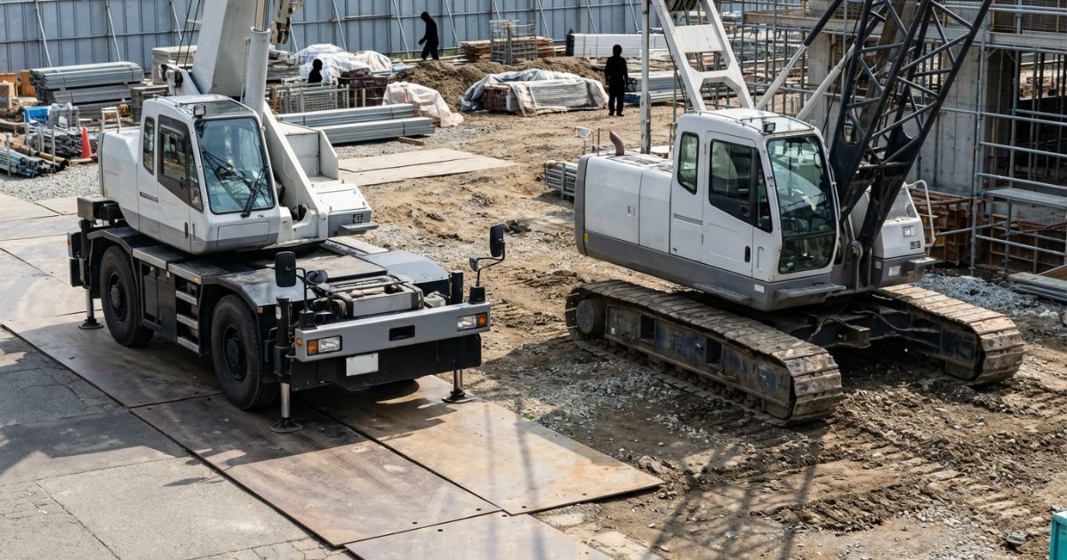 トラッククレーンとクローラークレーンの外観と現場での使われ方の違いが伝わる写真