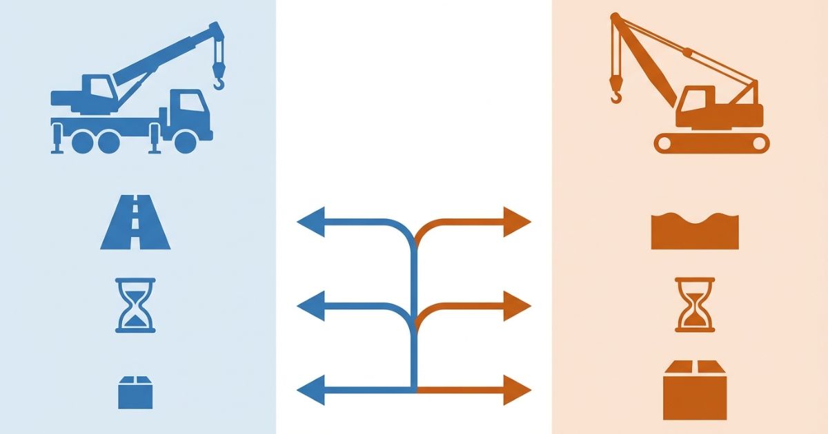  移動性と地盤安定性を軸にトラッククレーンとクローラークレーンを選ぶ判断軸の文字なし図解