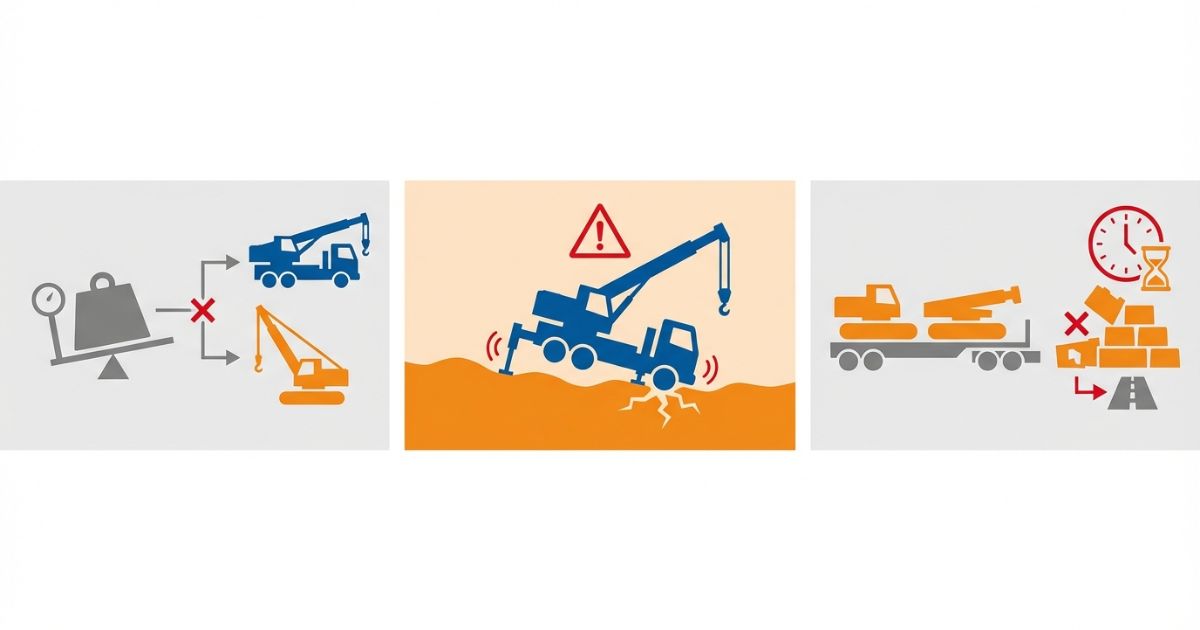  吊り荷重量だけで選んで地盤や段取りで失敗するリスクを示す文字なし図解