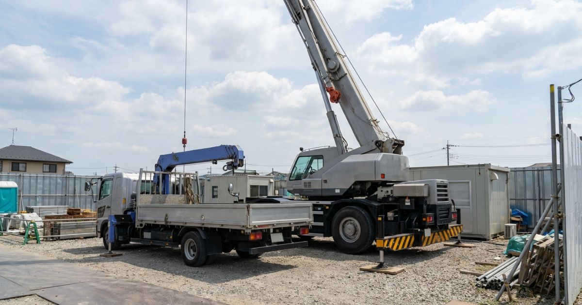 トラッククレーンと小型移動式クレーンに関わる車両が並び混同しやすい現場イメージ写真