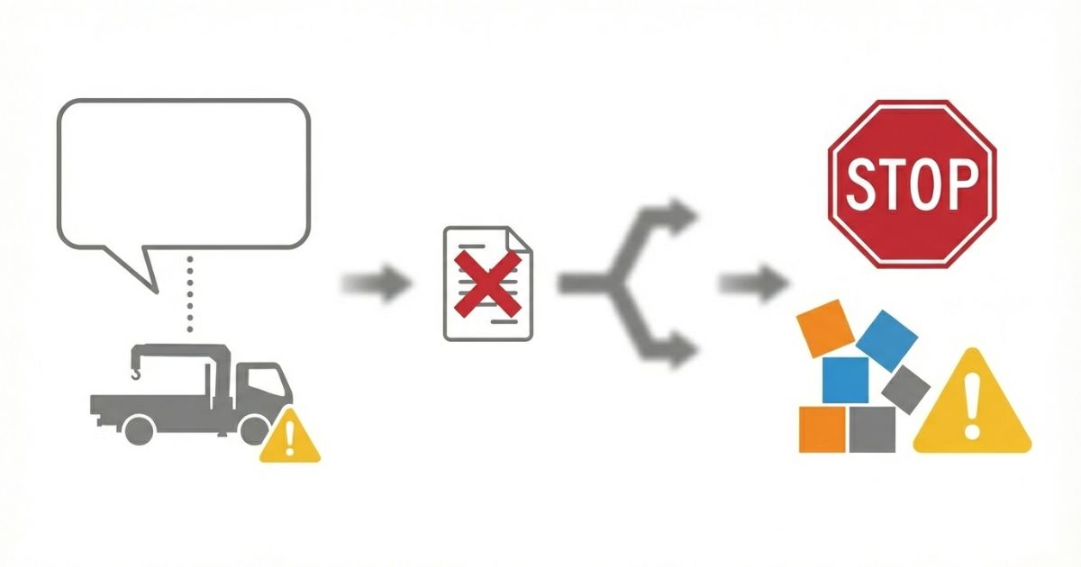 呼称や外観で判断して仕様確認を飛ばし当日中断するリスクを示す文字なし図解