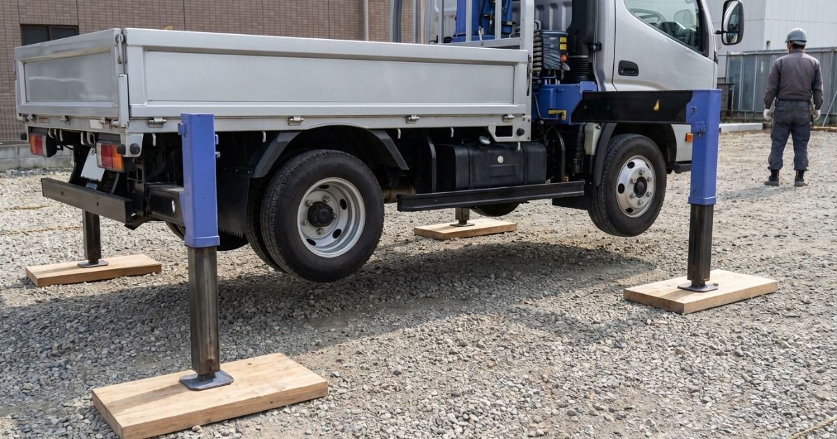 敷板上でアウトリガーが確実に支持され車体姿勢が安定しているためタイヤの荷重が抜けて浮いて見える例