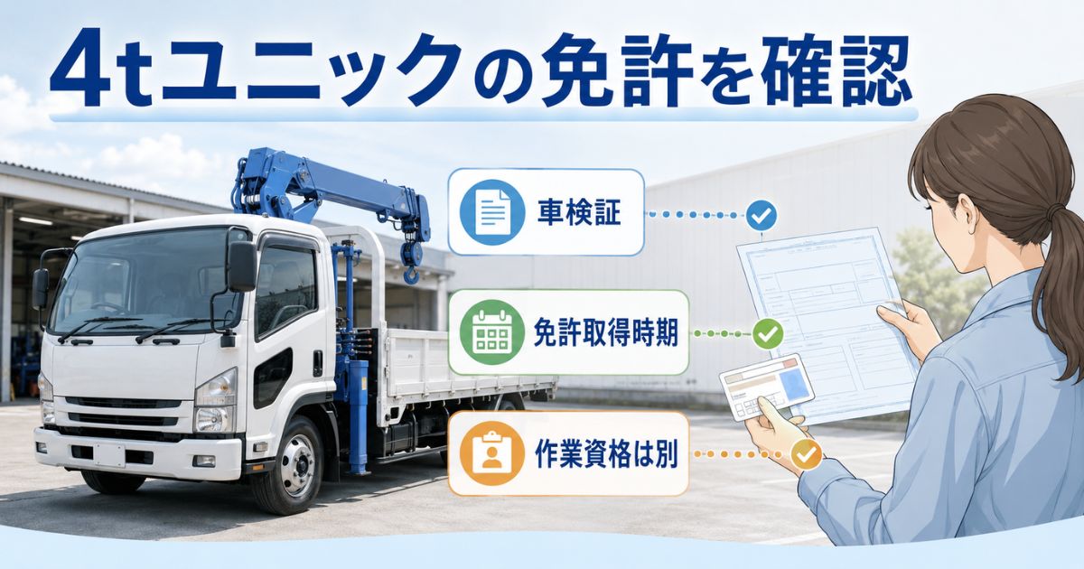 4tユニック車の免許を車検証と免許取得時期で確認するイメージ